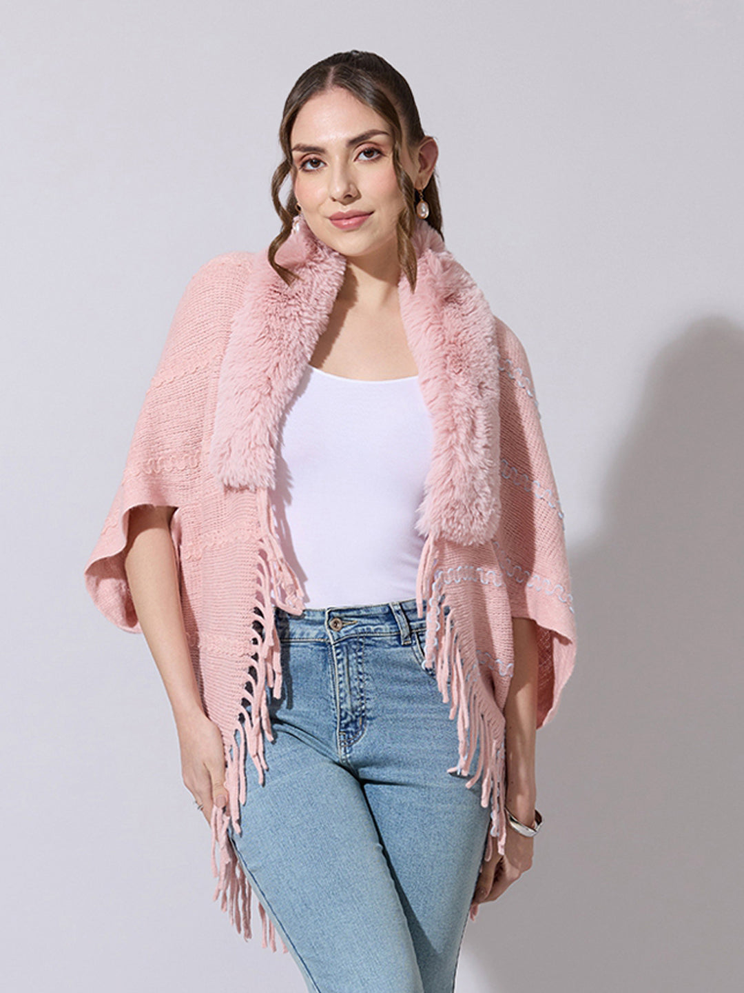 Women's Patterned Knit Pink Poncho with Faux Fur Collar