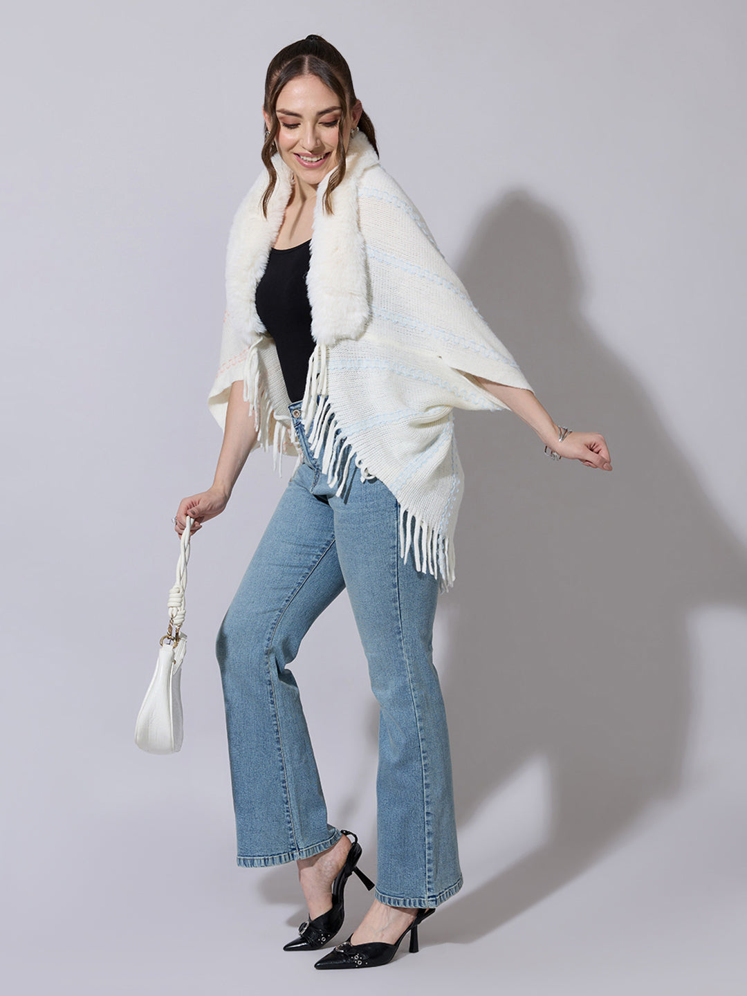 Women's Patterned Knit White Poncho with Faux Fur Collar