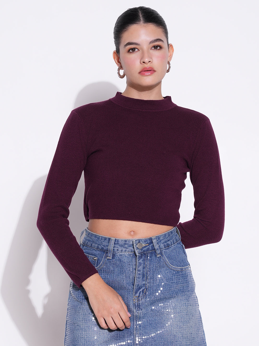 Women Purple Solid Crop Top