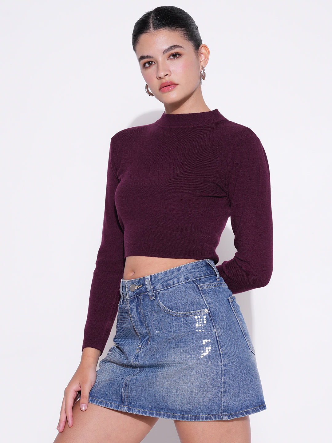 Women Purple Solid Crop Top