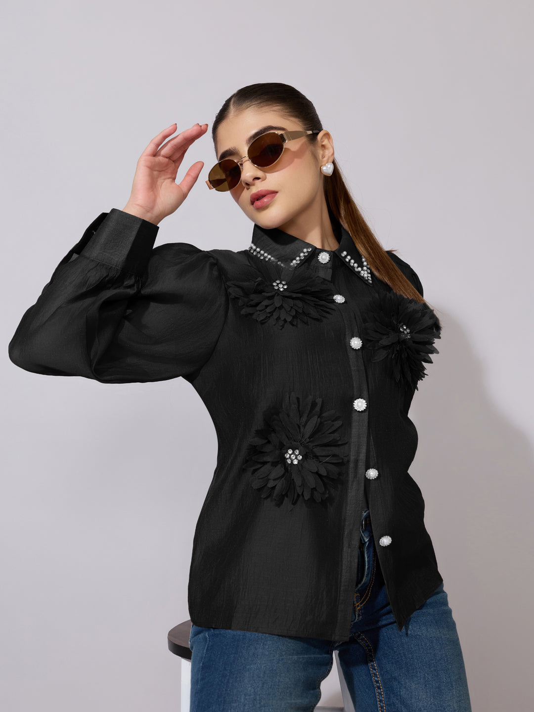 Women's Embellished Black Sheer Shirt with Floral Applique