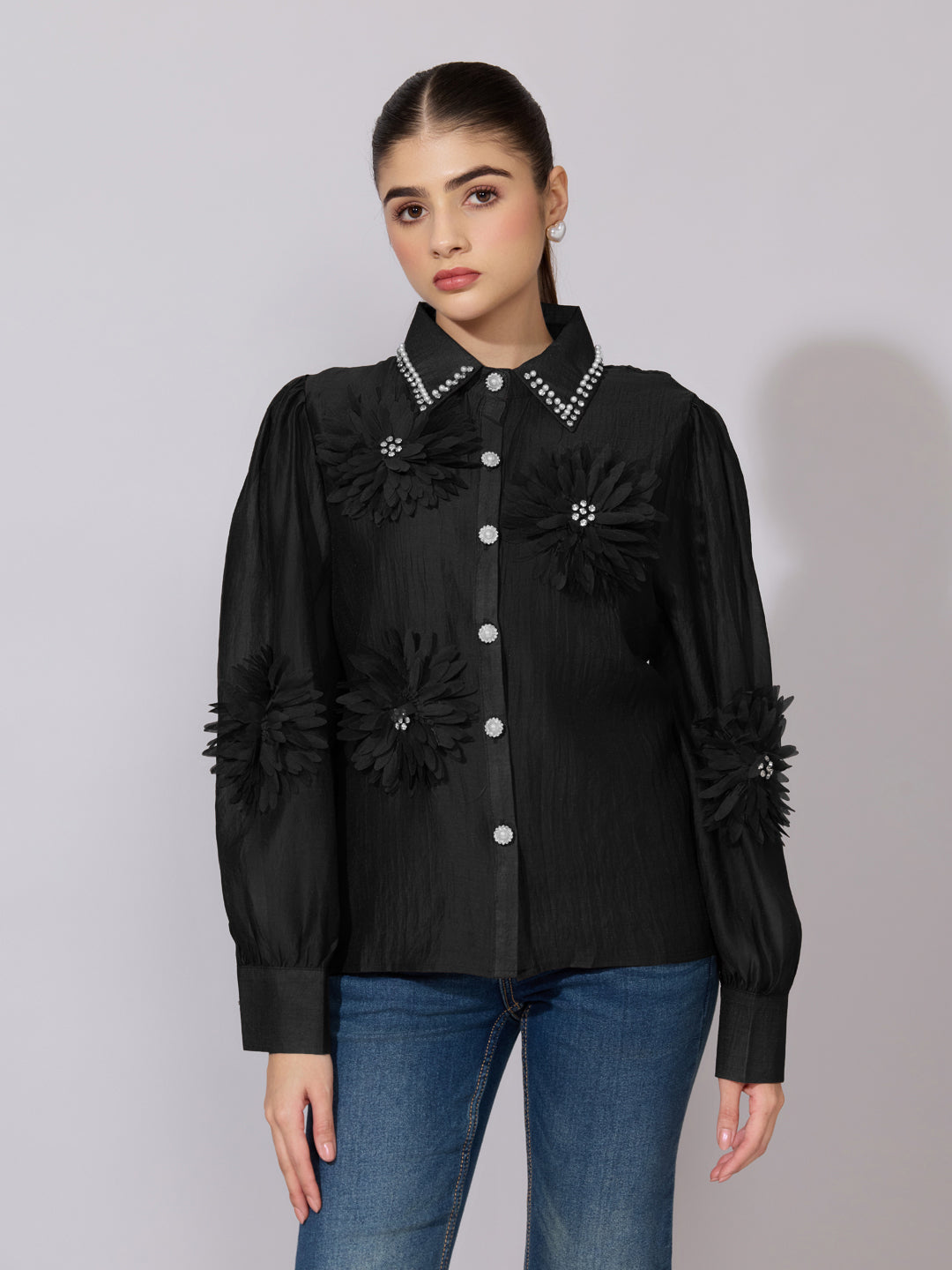 Women's Embellished Black Sheer Shirt with Floral Applique