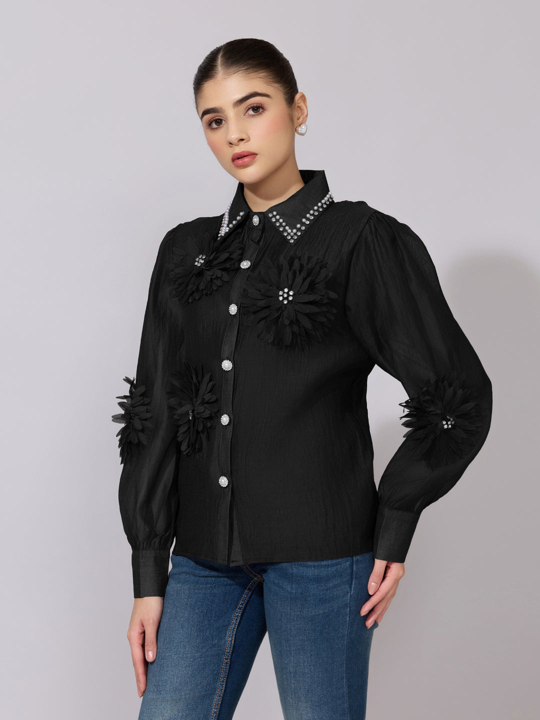 Women's Embellished Black Sheer Shirt with Floral Applique