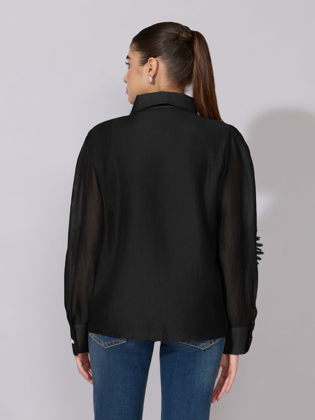 Women's Embellished Black Sheer Shirt with Floral Applique