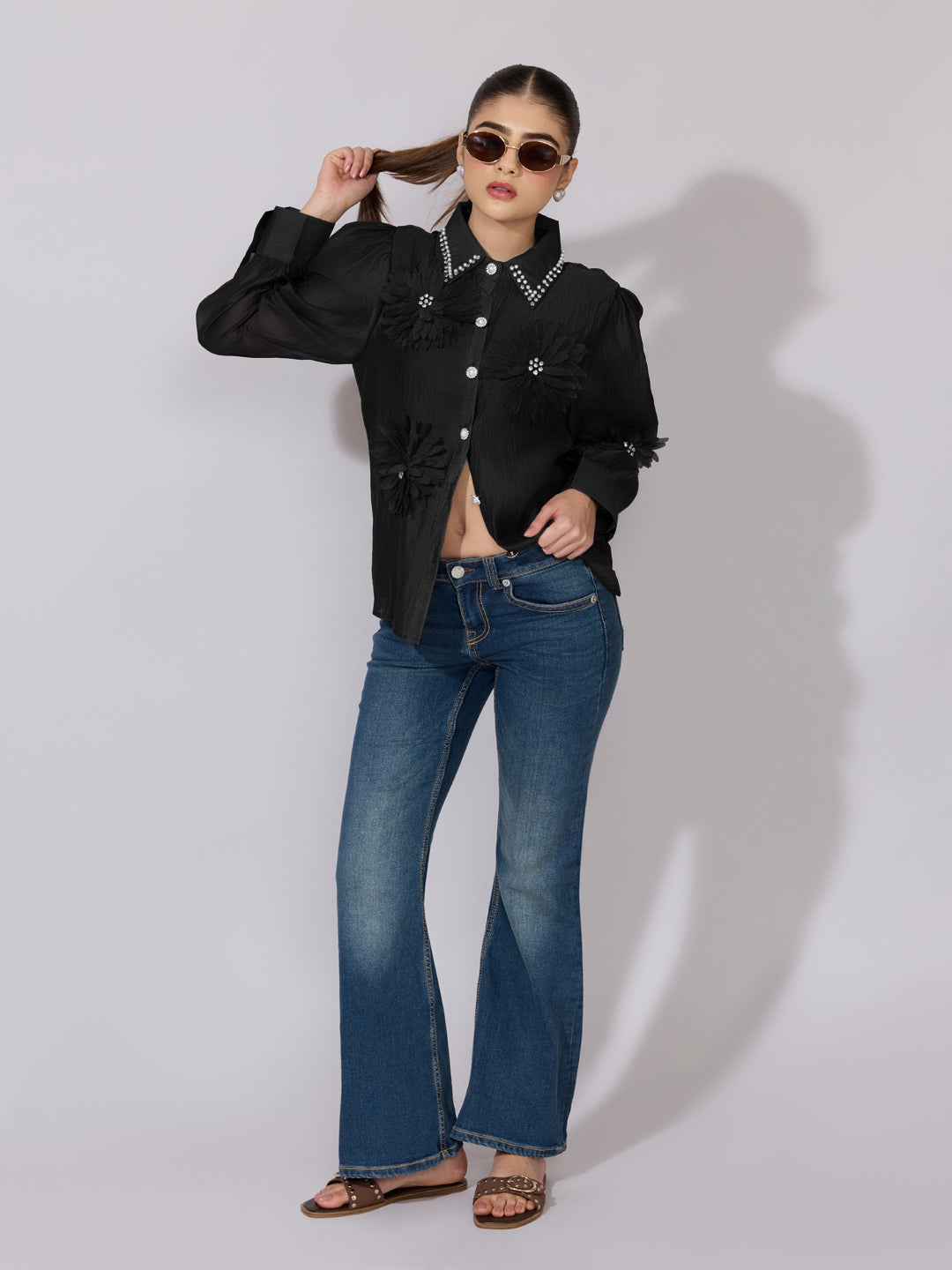 Women's Embellished Black Sheer Shirt with Floral Applique