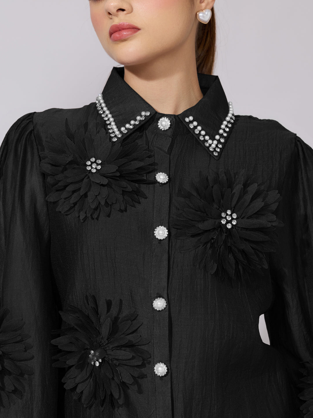 Women's Embellished Black Sheer Shirt with Floral Applique