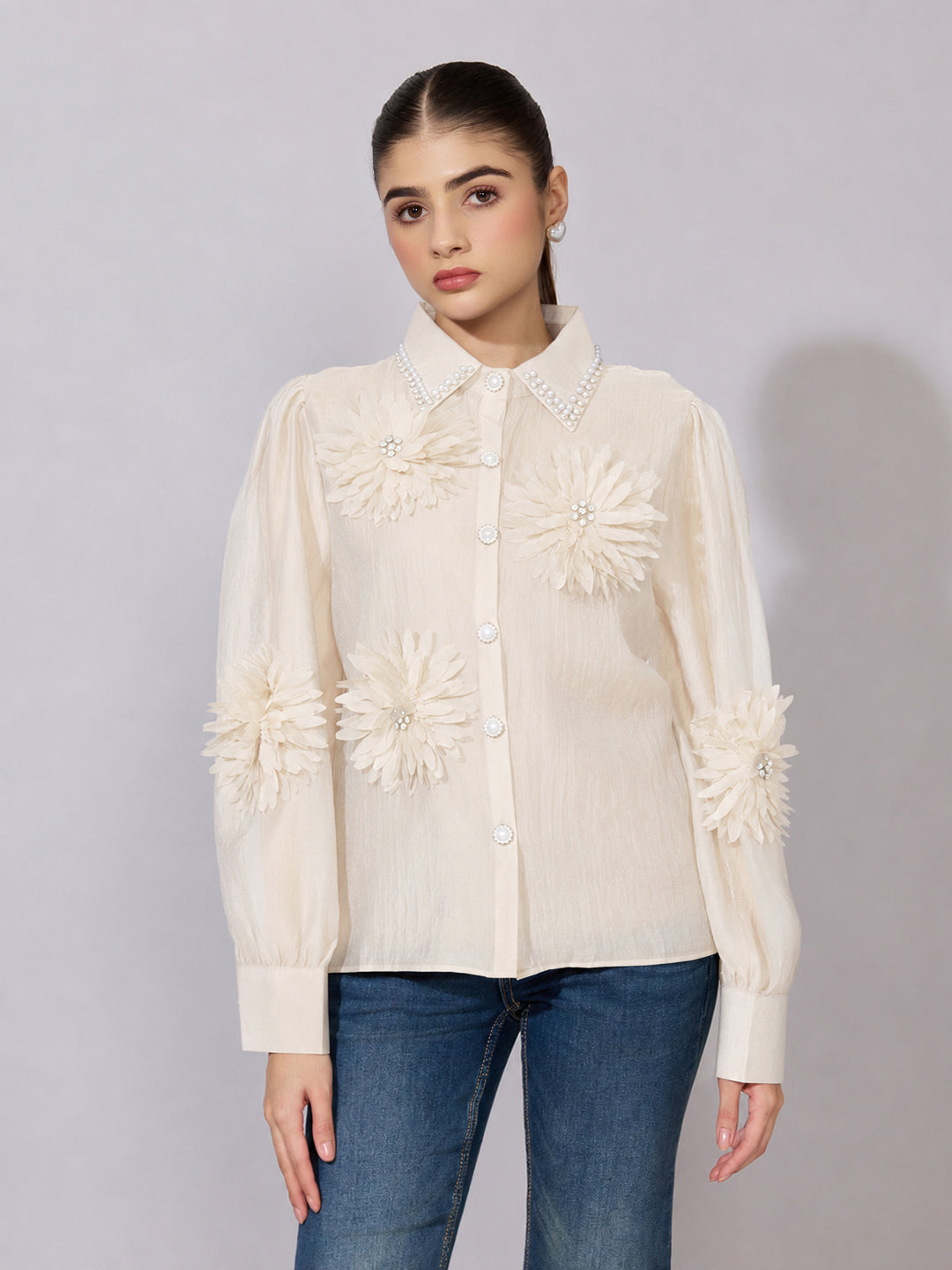 Women's Embellished Cream Sheer Shirt with Floral Applique