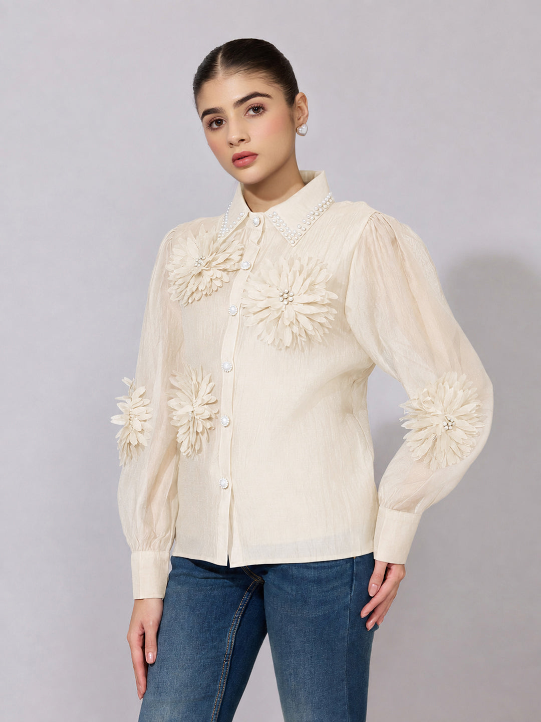 Women's Embellished Cream Sheer Shirt with Floral Applique