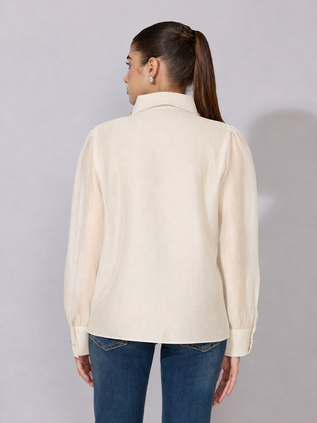 Women's Embellished Cream Sheer Shirt with Floral Applique