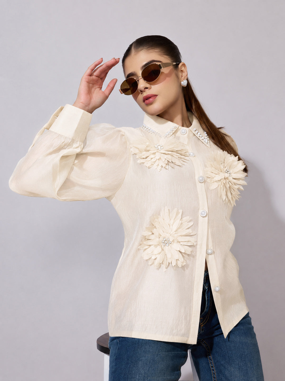 Women's Embellished Cream Sheer Shirt with Floral Applique