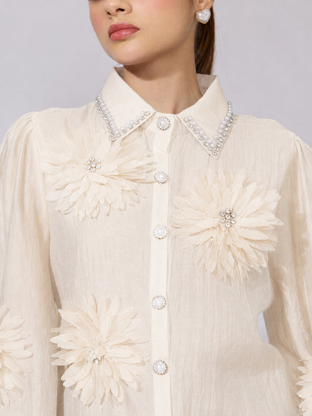 Women's Embellished Cream Sheer Shirt with Floral Applique