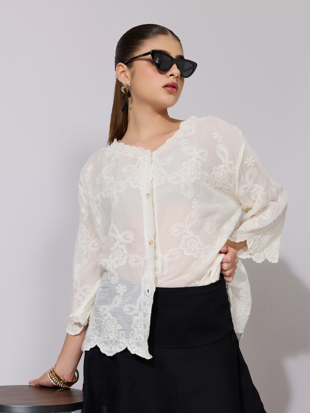 Women's Embroidered Cream Sheer V-Neck Shirt