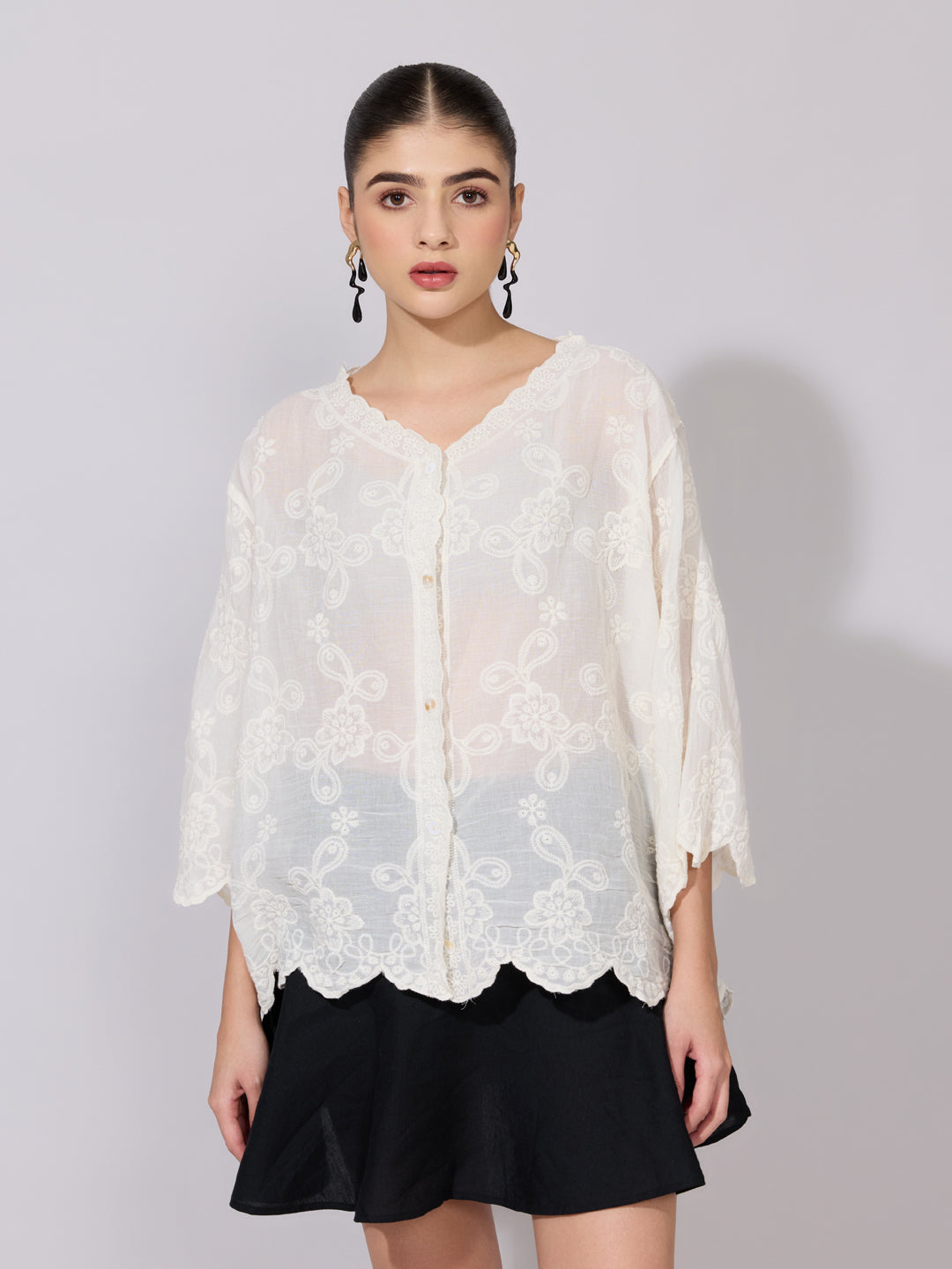Women's Embroidered Cream Sheer V-Neck Shirt