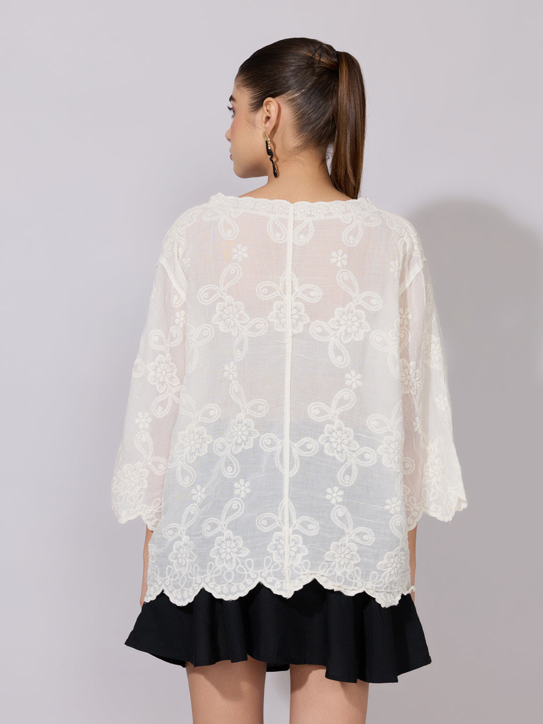 Women's Embroidered Cream Sheer V-Neck Shirt