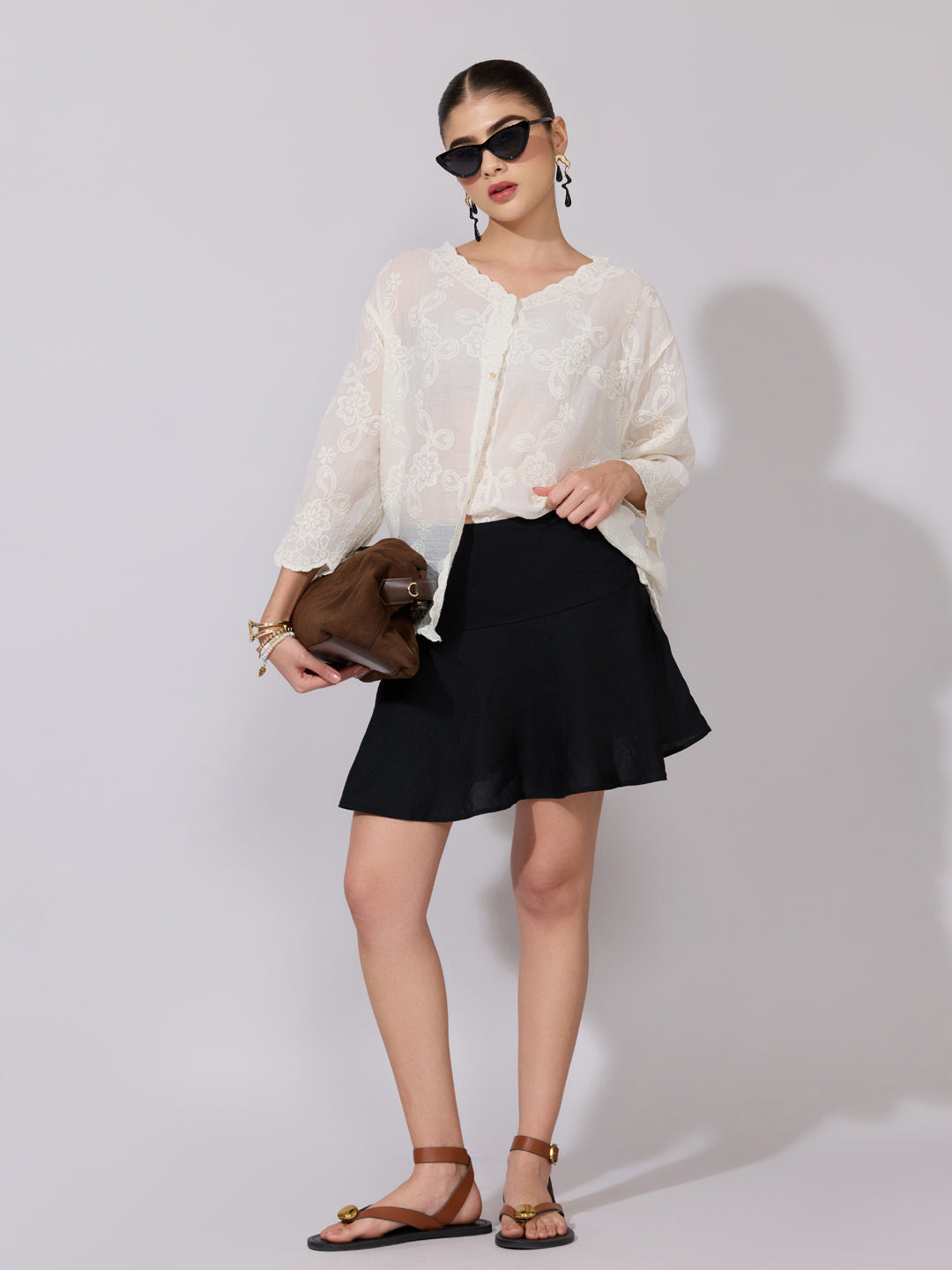 Women's Embroidered Cream Sheer V-Neck Shirt