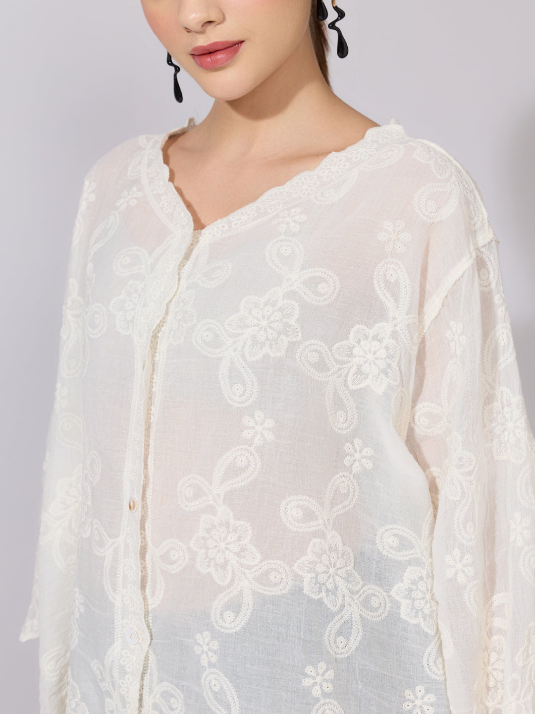 Women's Embroidered Cream Sheer V-Neck Shirt