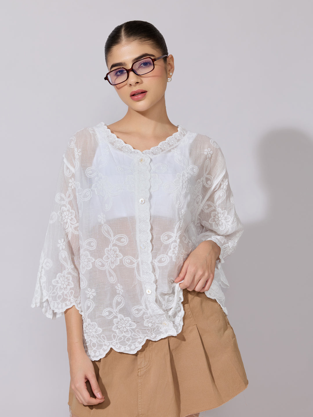 Women's Embroidered White Sheer V-Neck Shirt