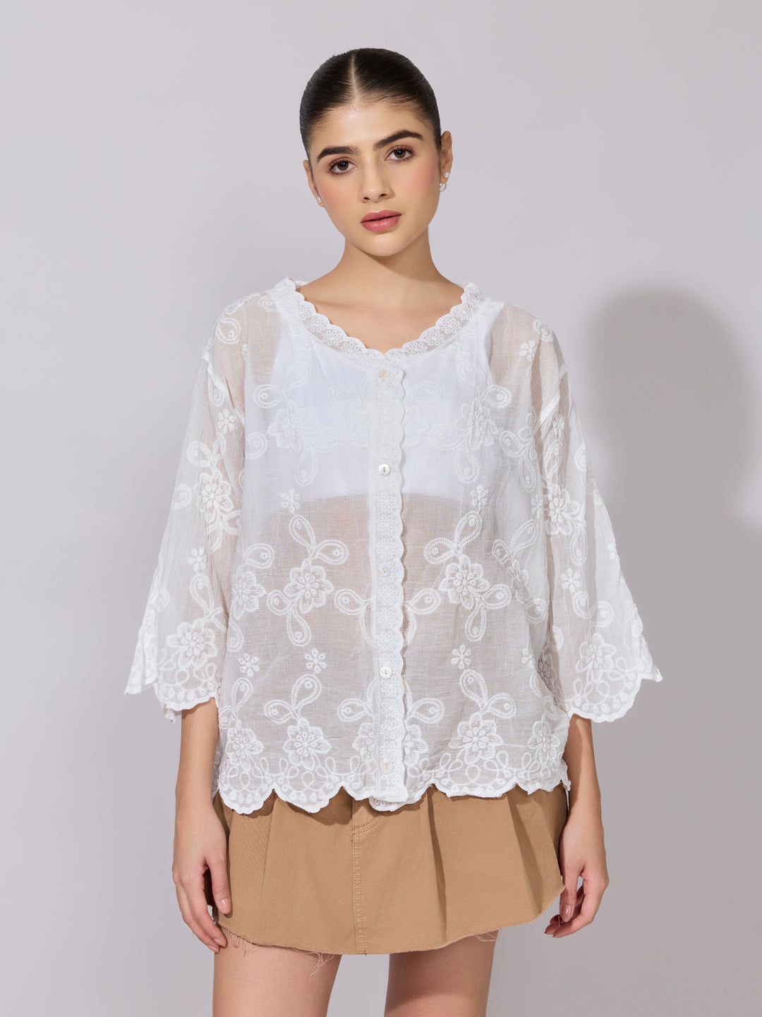 Women's Embroidered White Sheer V-Neck Shirt