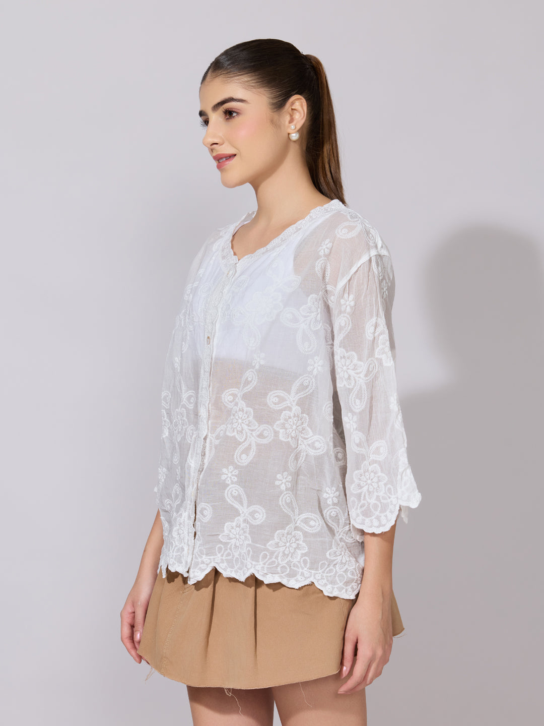 Women's Embroidered White Sheer V-Neck Shirt