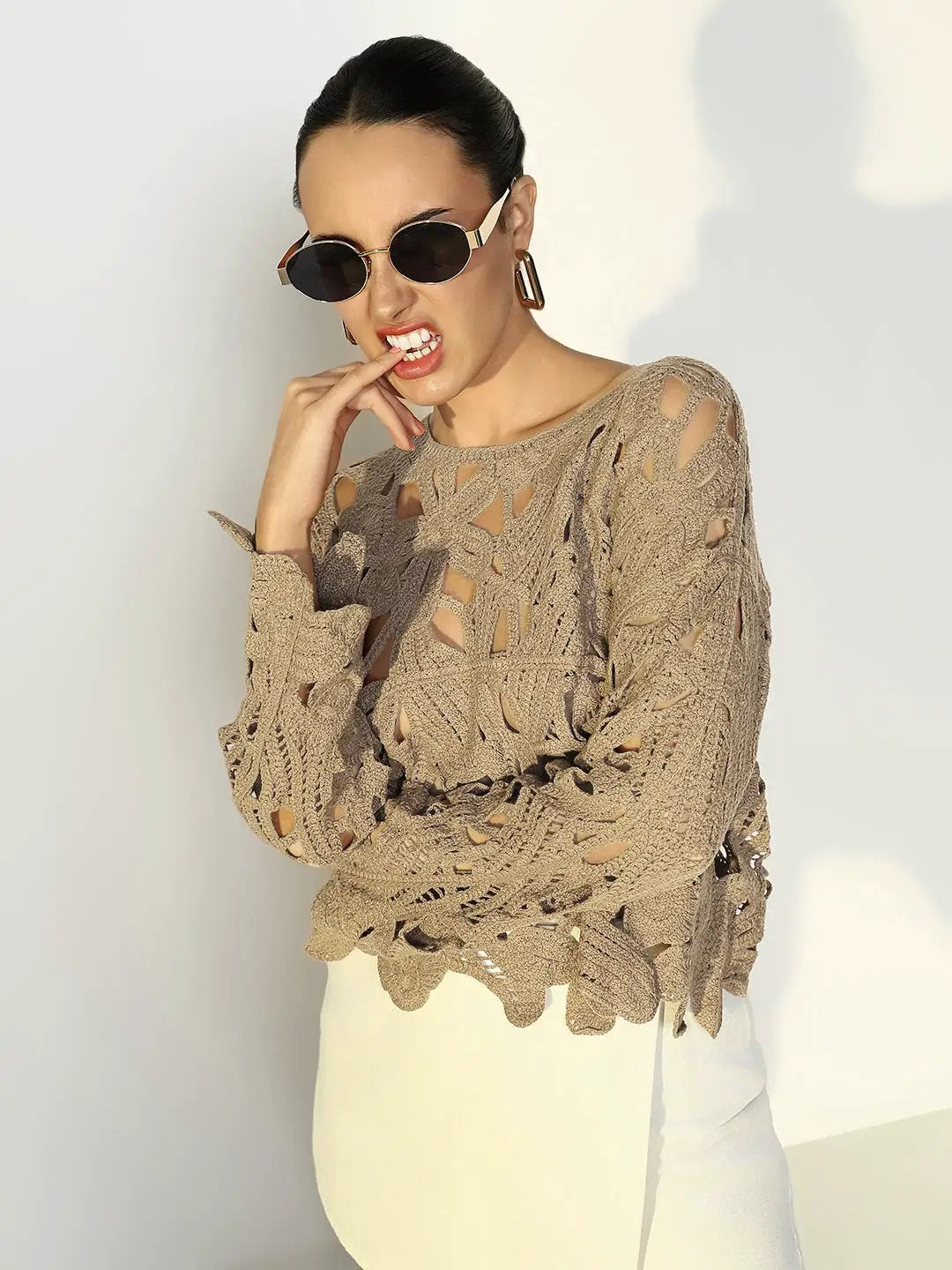 Women's Beige Floral Crochet Long Sleeve Top - from SHOWOFFFF