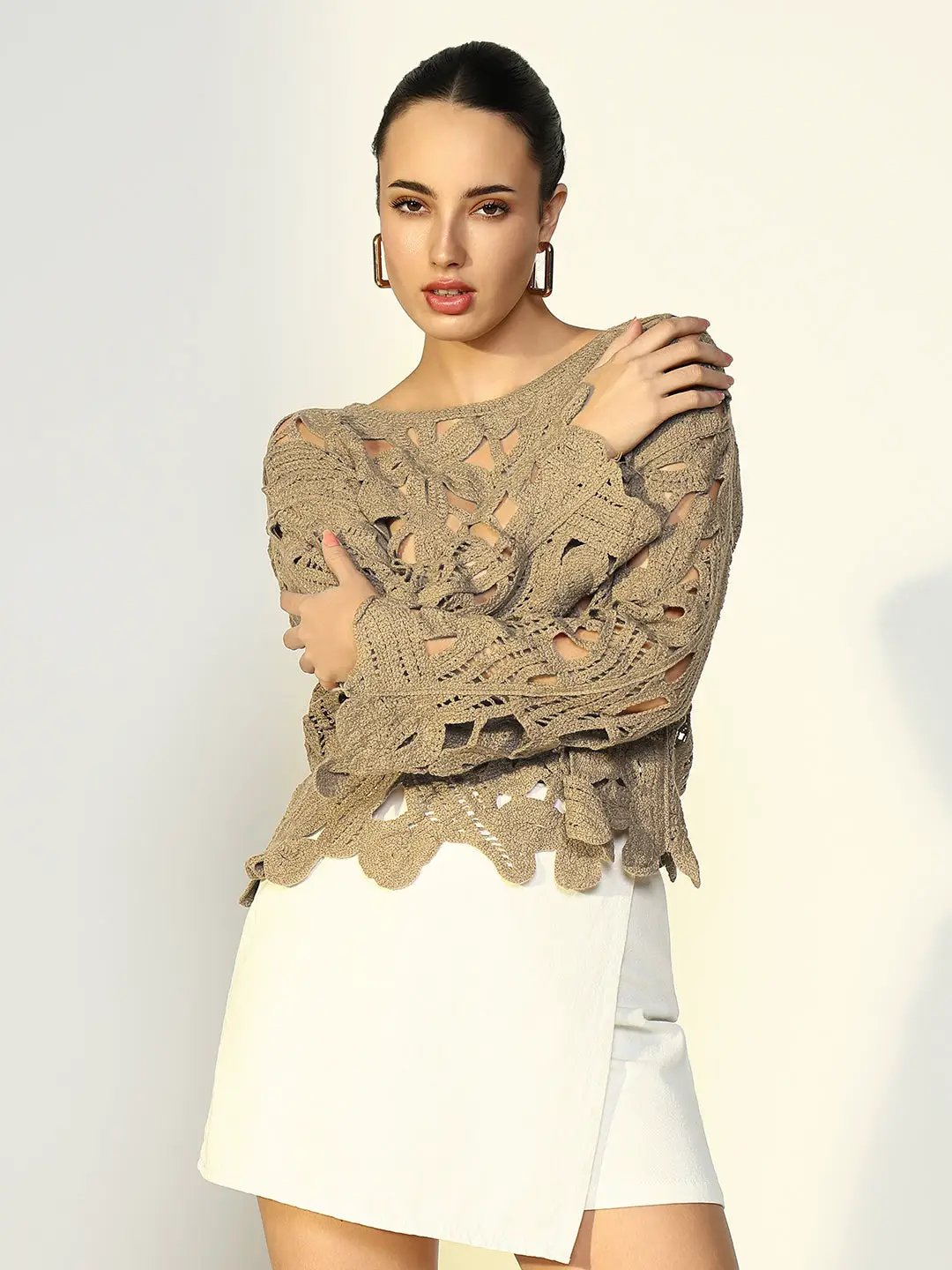Women's Beige Floral Crochet Long Sleeve Top - from SHOWOFFFF