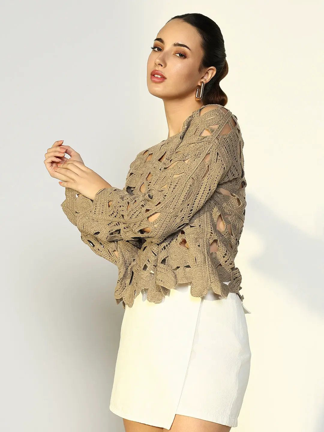Women's Beige Floral Crochet Long Sleeve Top - from SHOWOFFFF