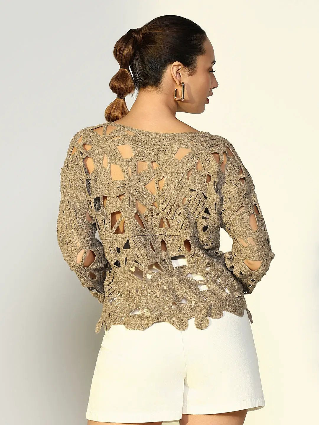 Women's Beige Floral Crochet Long Sleeve Top - from SHOWOFFFF