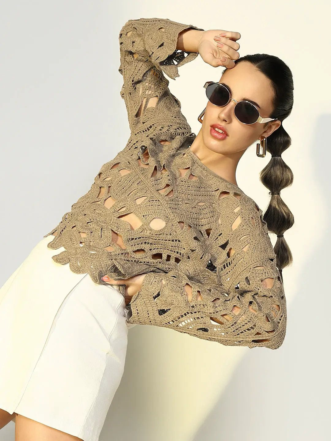 Women's Beige Floral Crochet Long Sleeve Top - from SHOWOFFFF