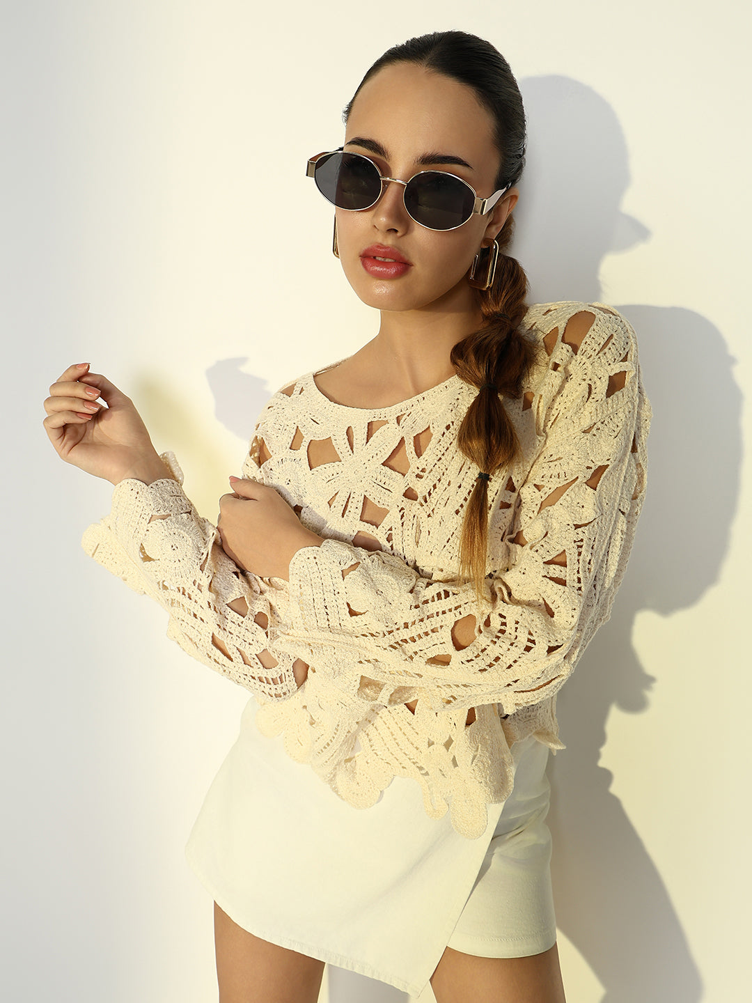 Women's Cream Floral Crochet Long Sleeve Top
