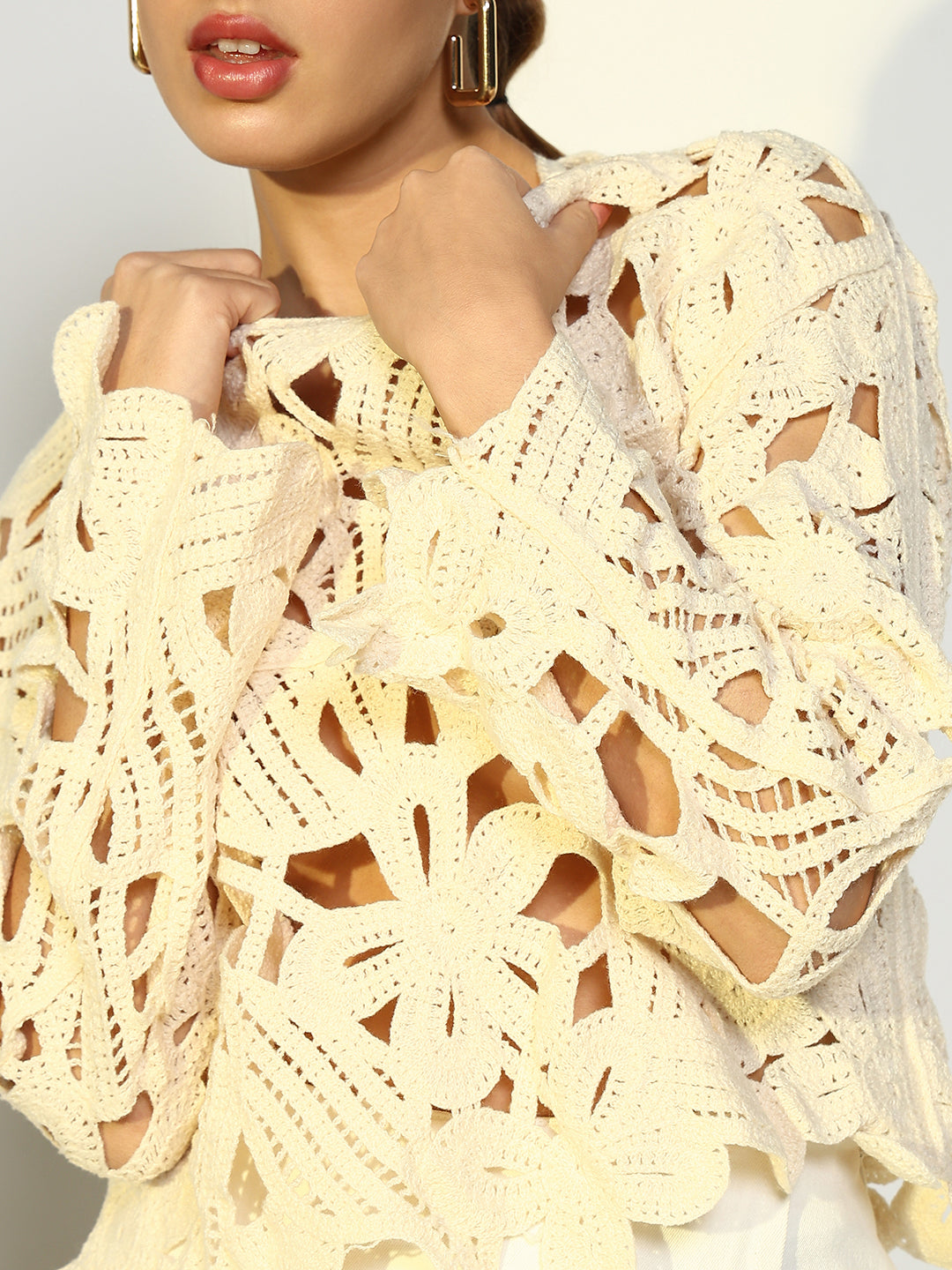 Women's Cream Floral Crochet Long Sleeve Top