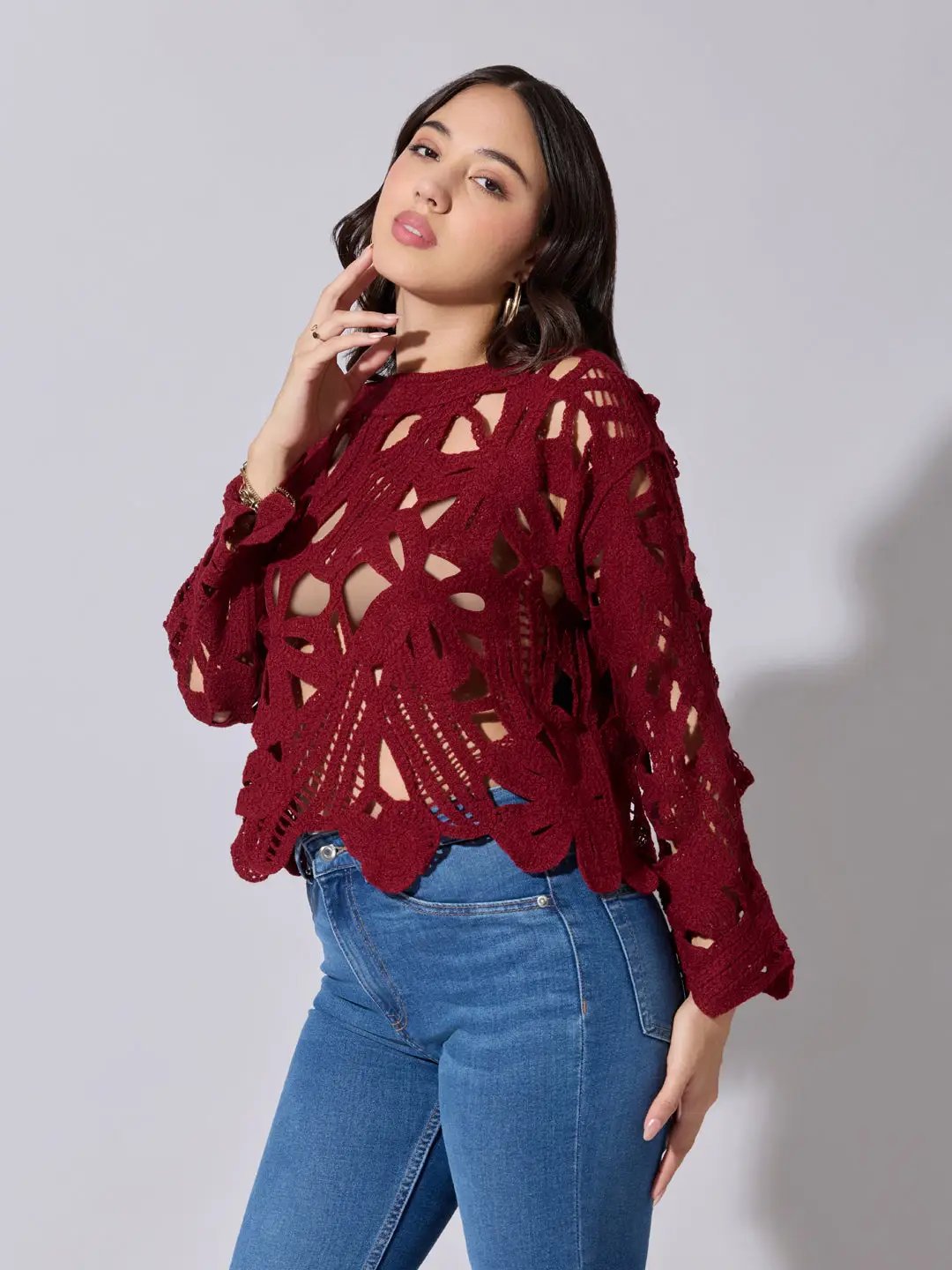 Women's Maroon Floral Crochet Long Sleeve Top