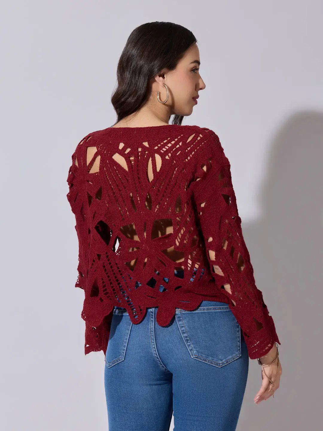 Women's Maroon Floral Crochet Long Sleeve Top