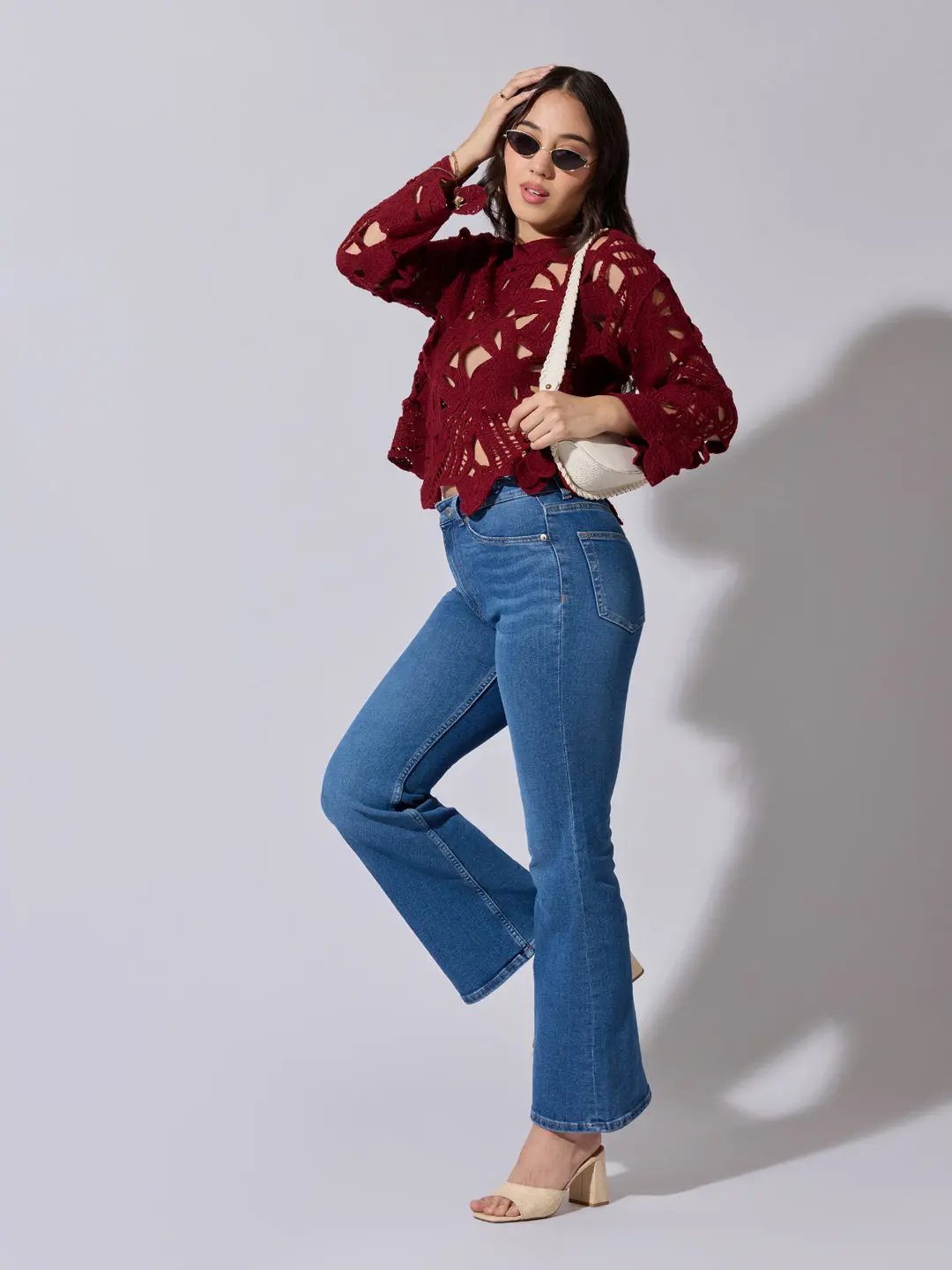 Women's Maroon Floral Crochet Long Sleeve Top