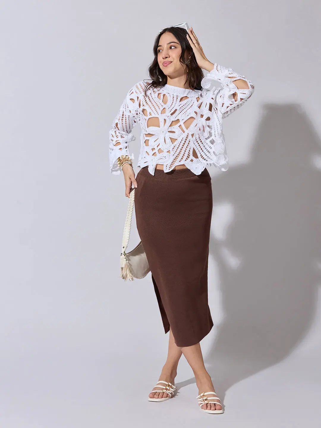 Women's White Floral Crochet Long Sleeve Top - from SHOWOFFFF