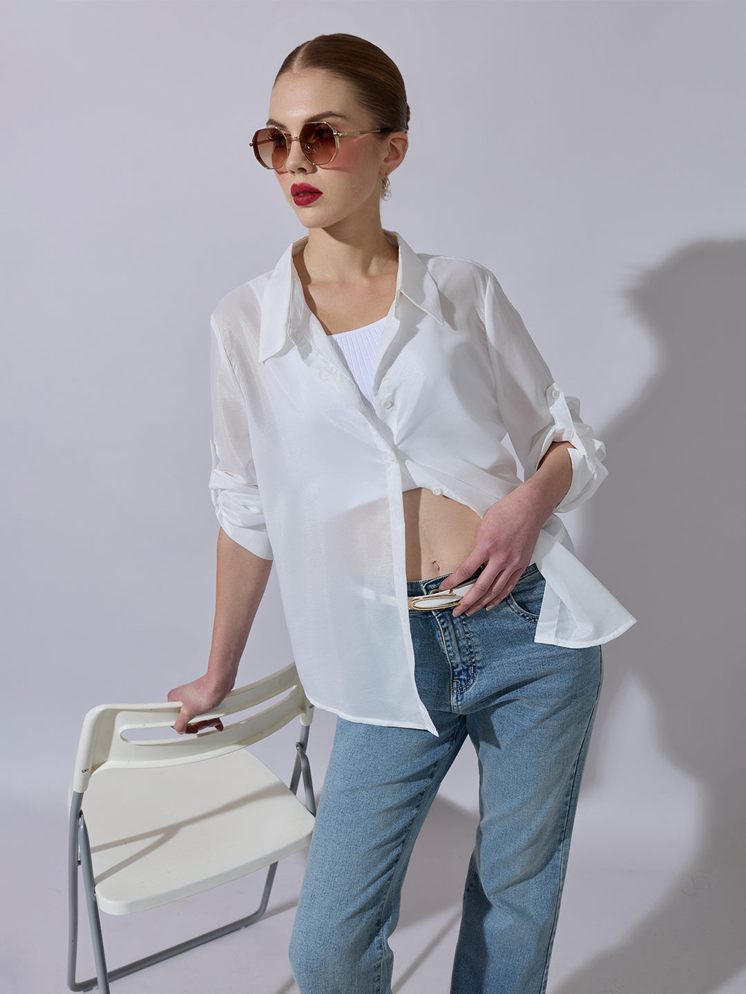 Women's White Semi-Sheer Button-Down Shirt