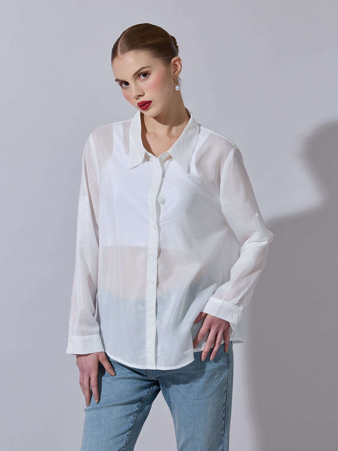 Women's White Semi-Sheer Button-Down Shirt