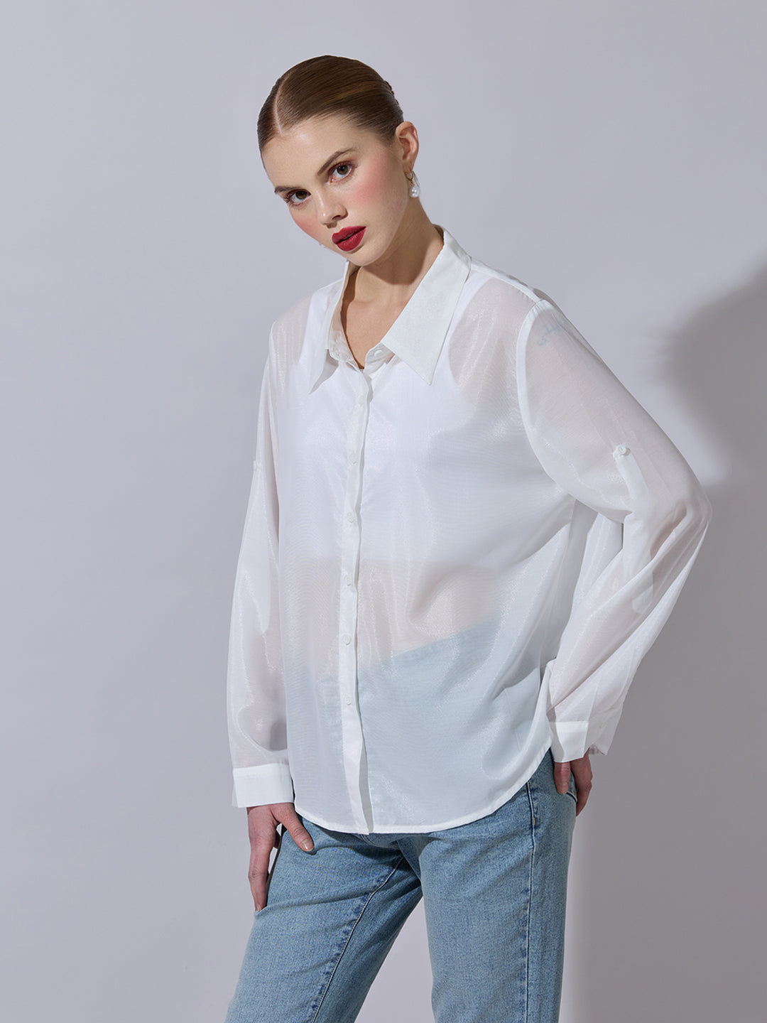 Women's White Semi-Sheer Button-Down Shirt