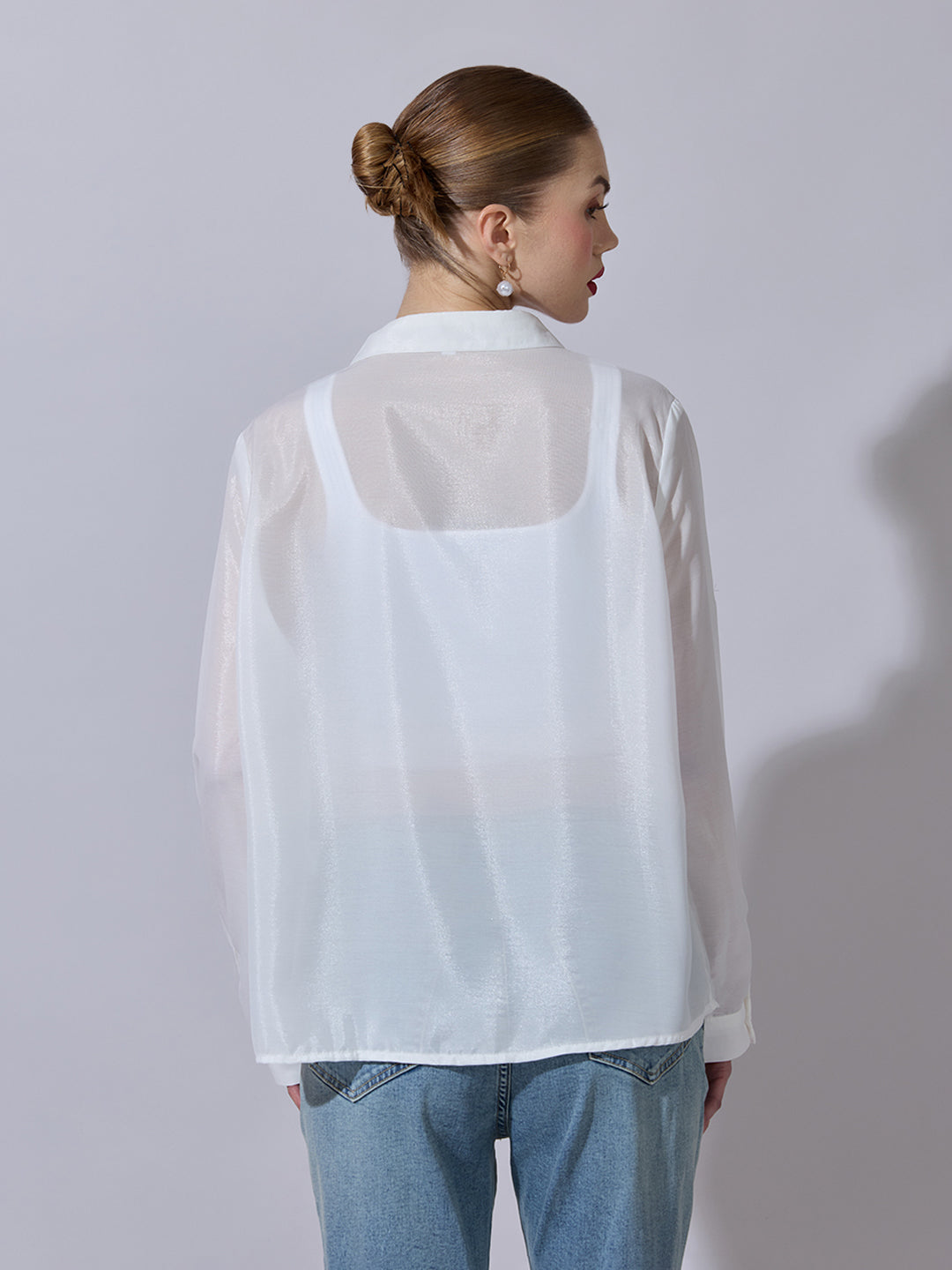 Women's White Semi-Sheer Button-Down Shirt
