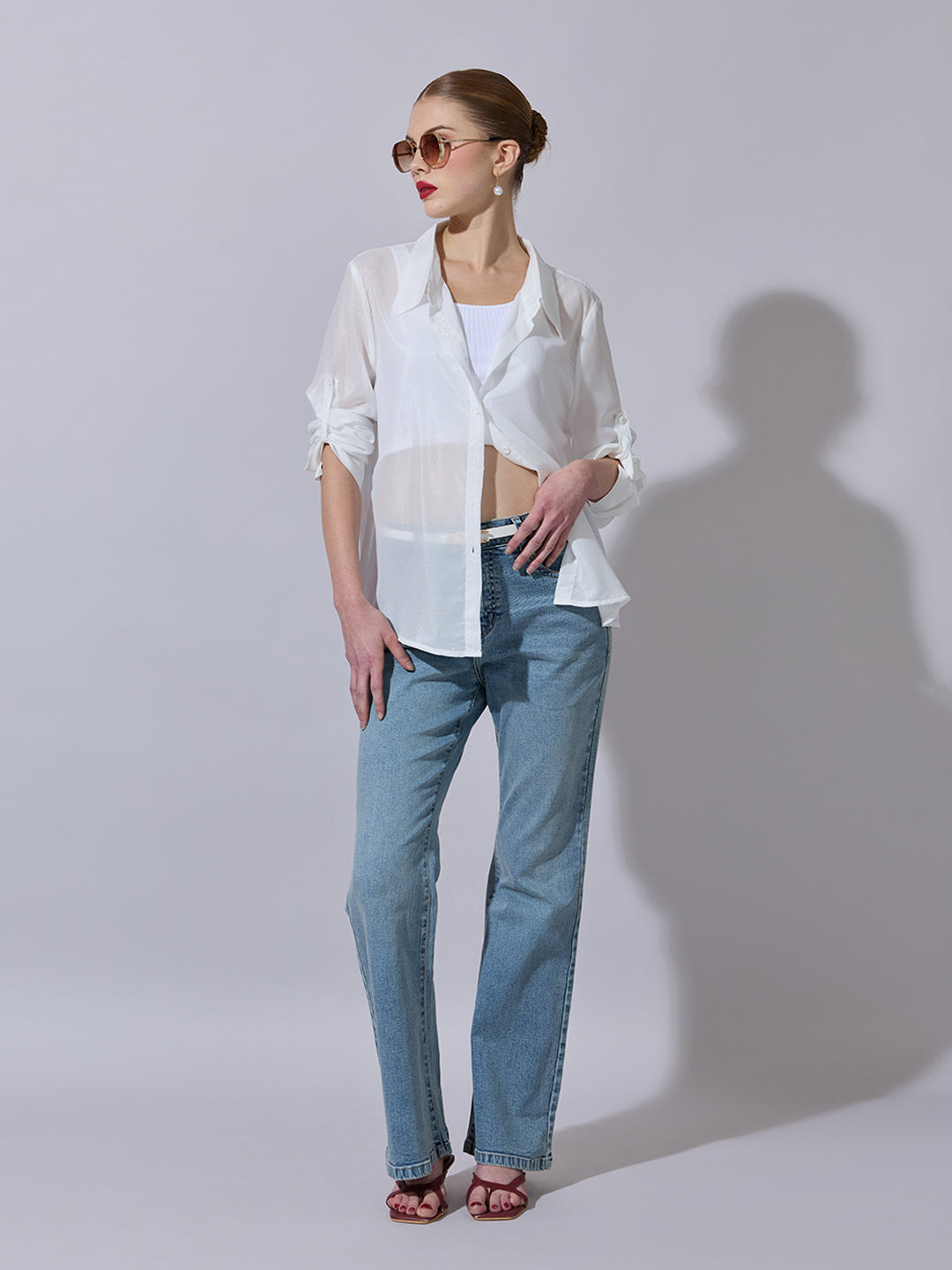 Women's White Semi-Sheer Button-Down Shirt