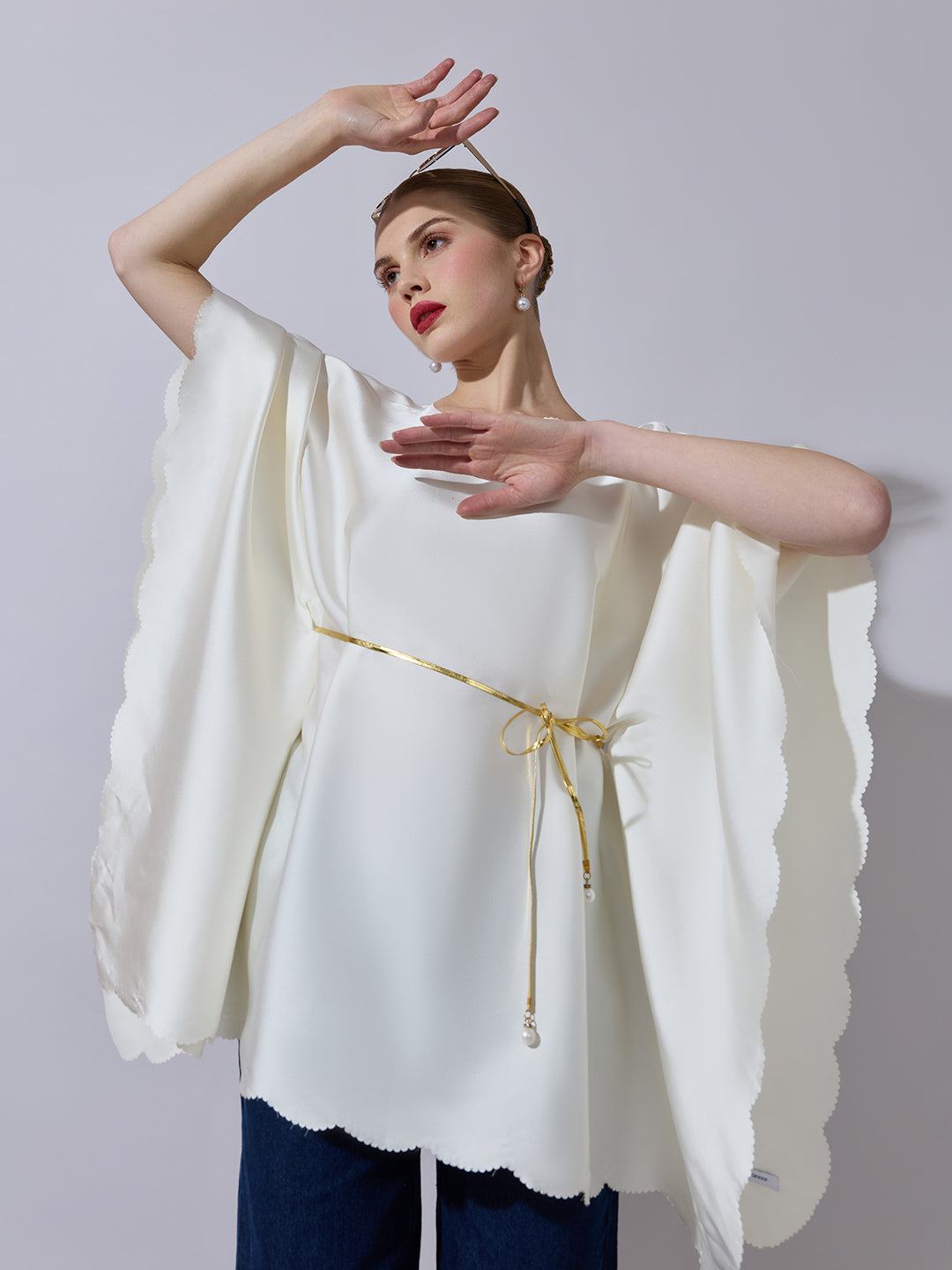 Women's Off-White Kaftan Top with Waist Tie Detail
