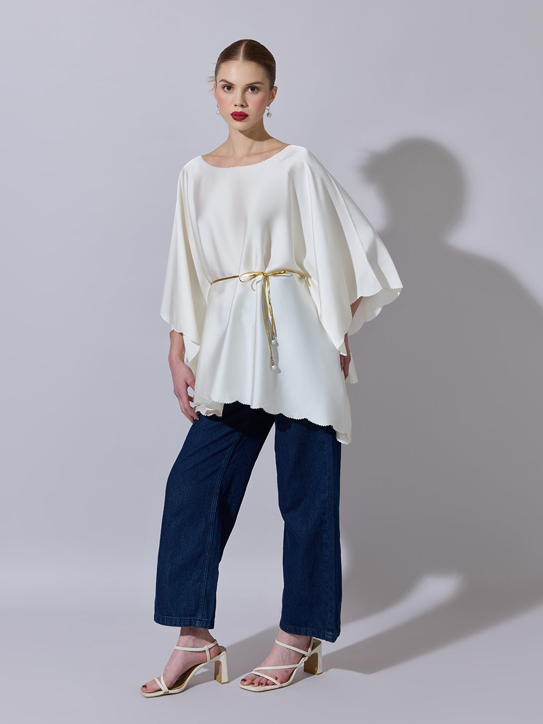 Women's Off-White Kaftan Top with Waist Tie Detail