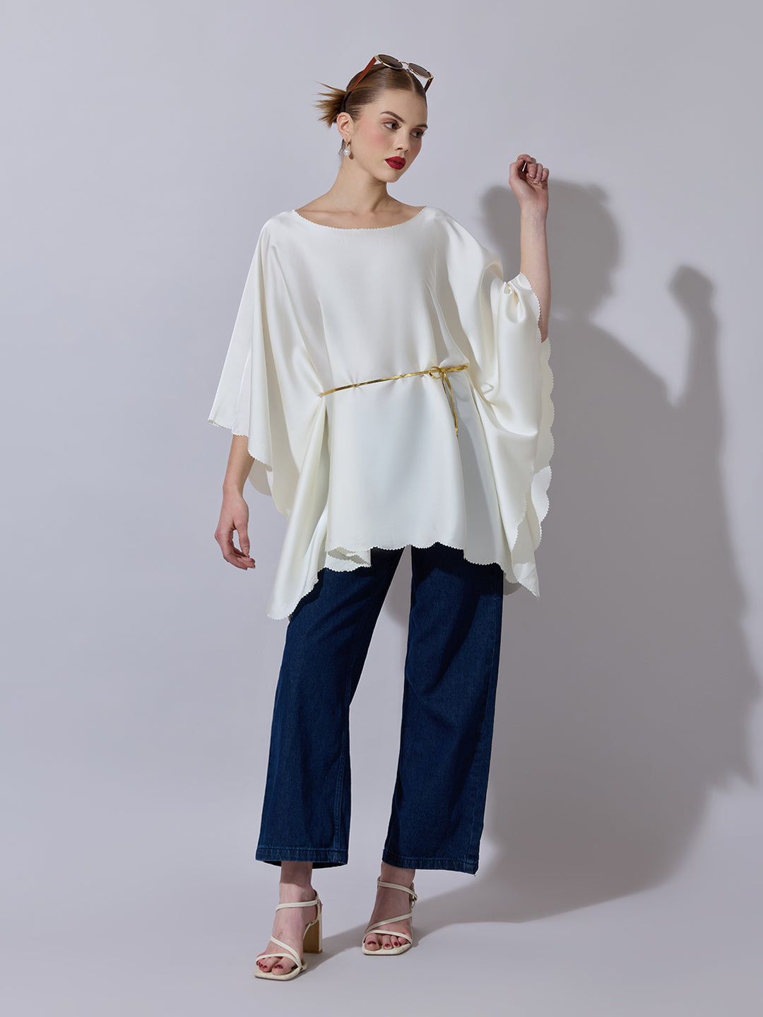 Women's Off-White Kaftan Top with Waist Tie Detail