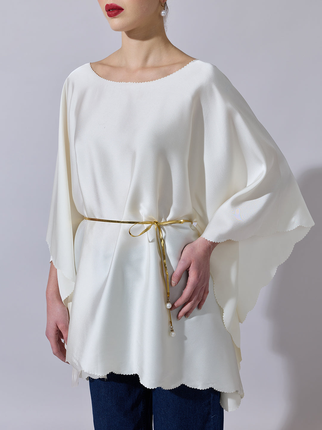 Women's Off-White Kaftan Top with Waist Tie Detail