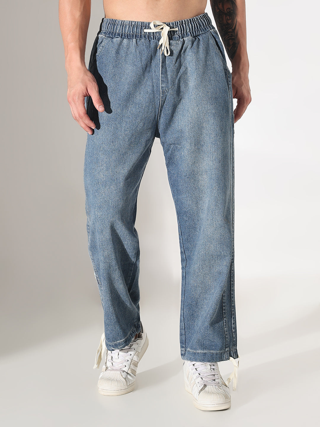 Men's Blue Relaxed Fit Elasticated Waist with Drawstring Jeans