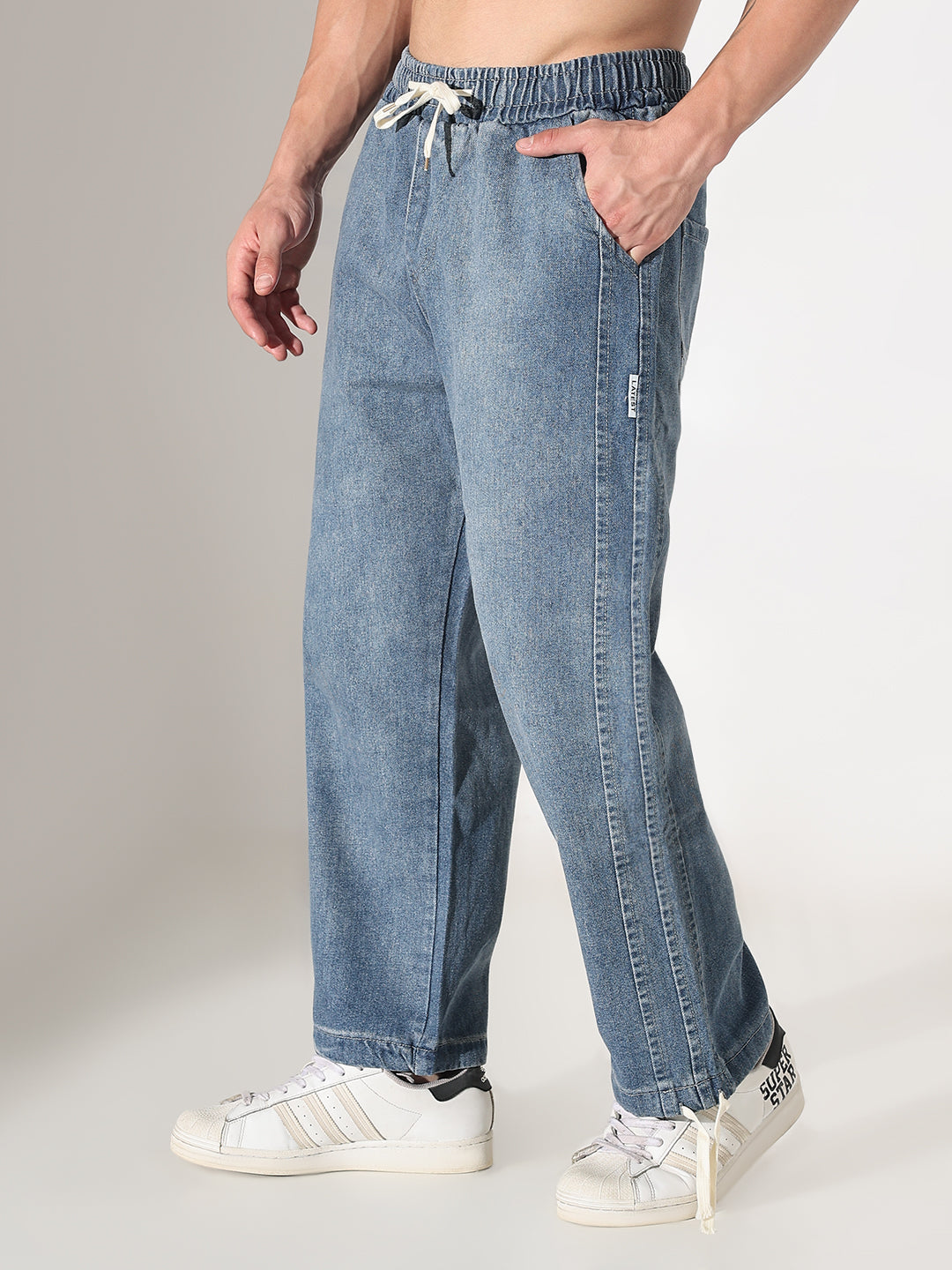 Men's Blue Relaxed Fit Elasticated Waist with Drawstring Jeans