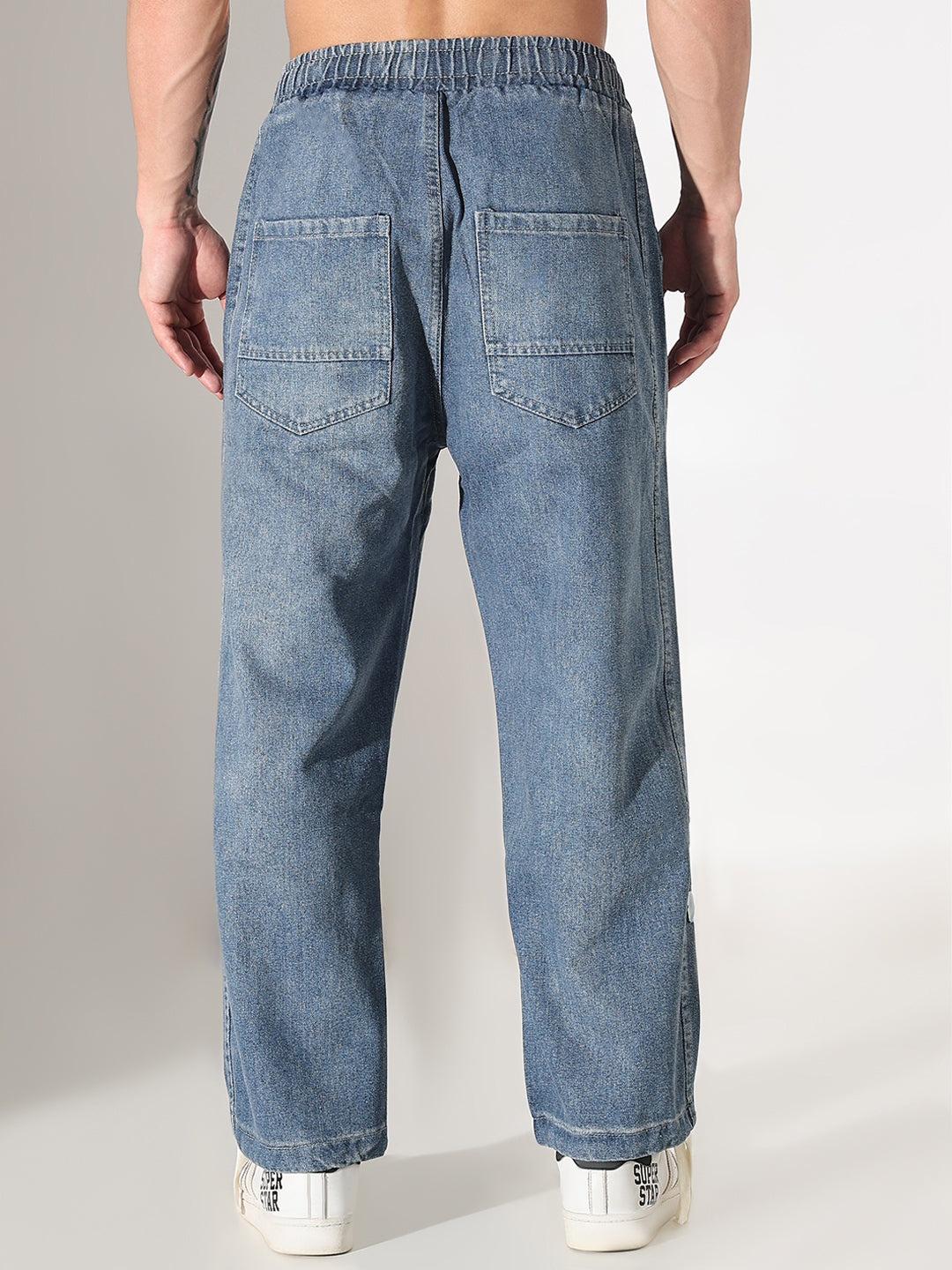 Men's Blue Relaxed Fit Elasticated Waist with Drawstring Jeans