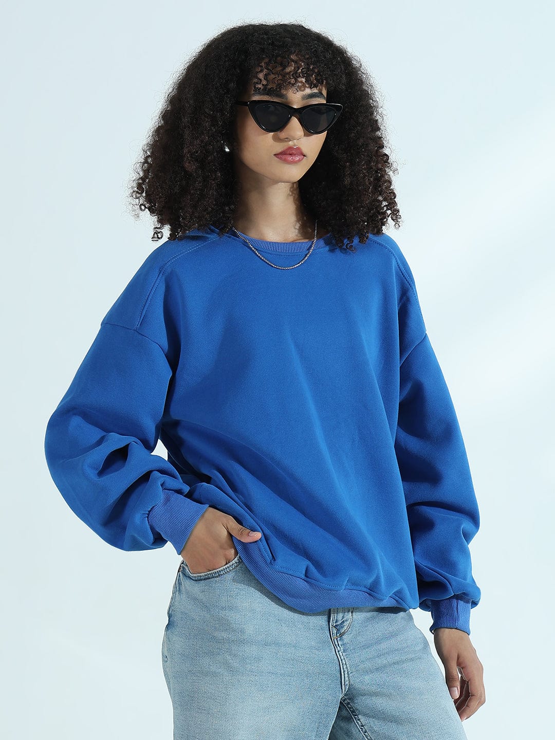 Women's Blue Oversized Round Neck Sweatshirt