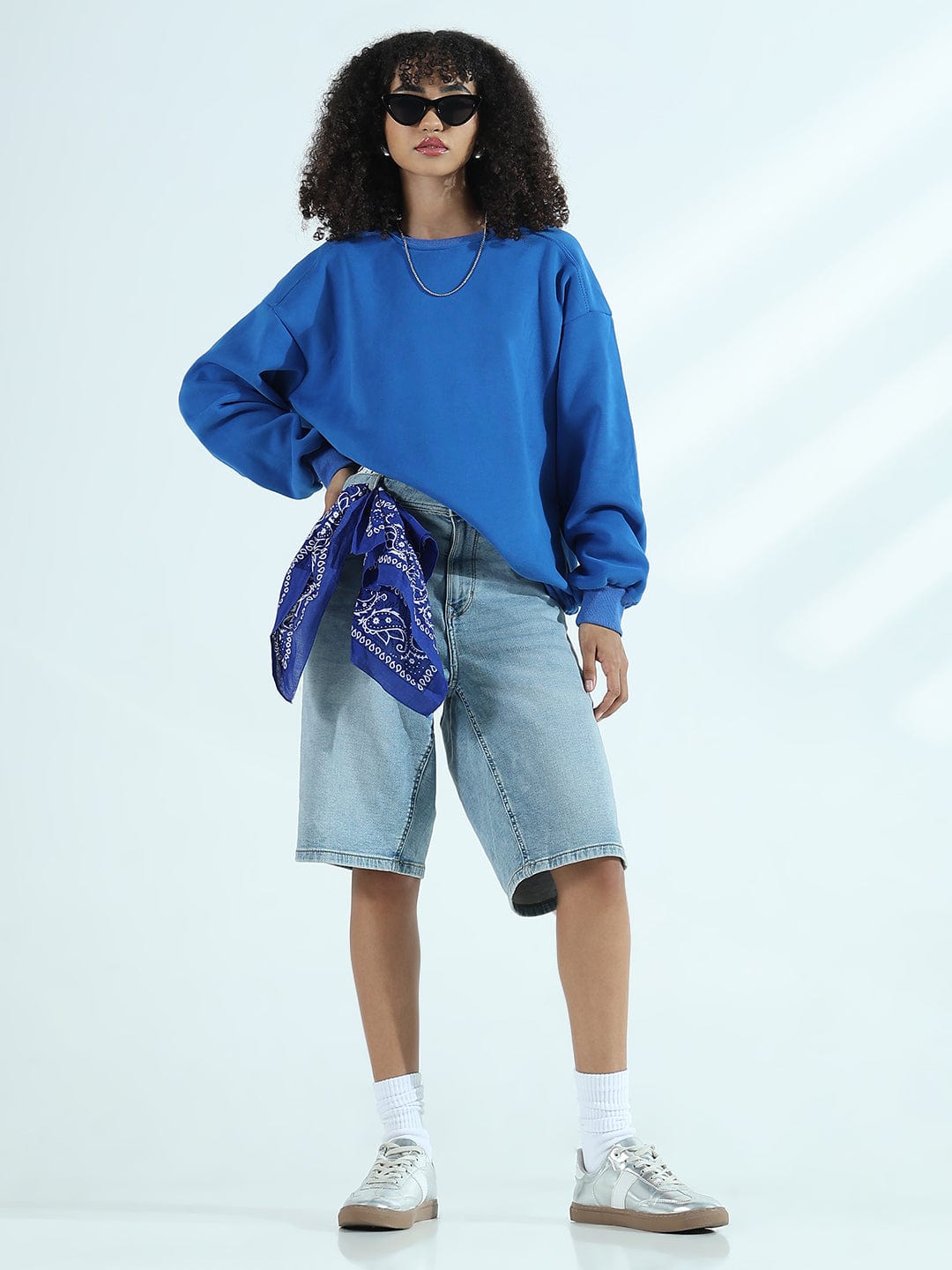 Women's Blue Oversized Round Neck Sweatshirt