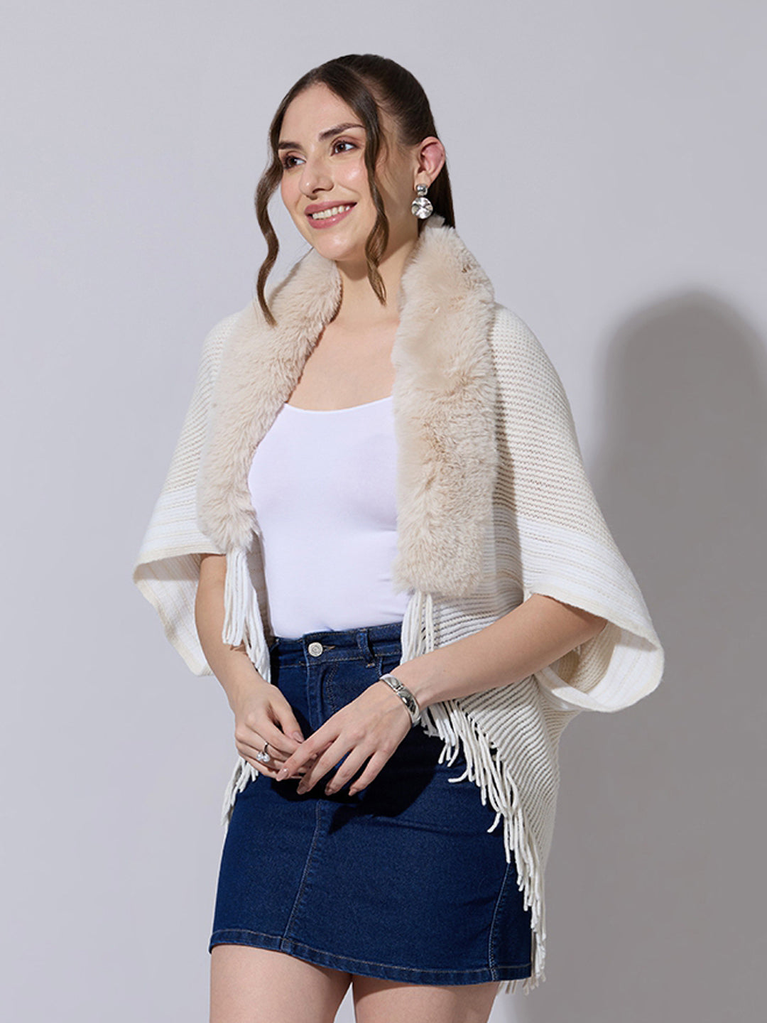 Women's Knit Cream Poncho with Faux Fur Collar
