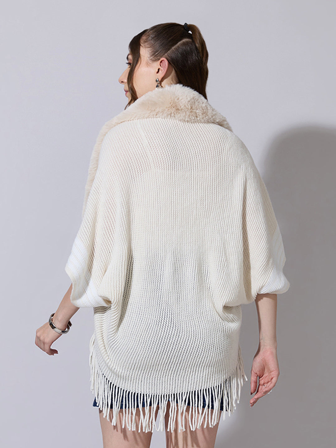 Women's Knit Cream Poncho with Faux Fur Collar